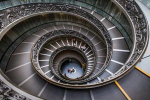 Aerial view of the Bramante Staircase, a double-helix spiral staircase in the Vatican Museums